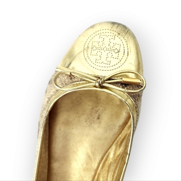 Tory Burch Verbena Snake Embossed Leather/Gold Patent Ballet Flat Size 7 - Picture 2 of 13